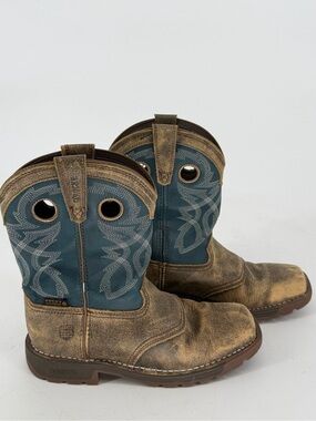 Rocky Brown Distressed Leather Work Boots with Teal Shaft